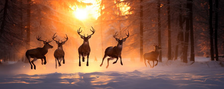 Many magical deer running in the snowy winter forest in a clearing among the trees in the sunset. Wide scale natural image of animals in the woods.の素材