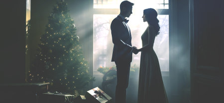 Merry Christmas!  A beautiful young couple with elegant clothes standing beside a sunlit window and a Christmas tree. Couple smiling and laughing, enjoying the occasion.の素材