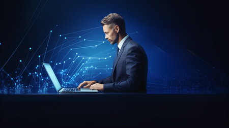Businessman working on a digital document in his laptop computer, managing files, data. Paperless workflow, data search, cloud technology. Modern futuristic polygonal tech background.の素材