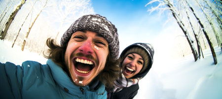 A happy, laughing young cheerful loving couple enjoys winter time and takes a selfie outside in a snowy, sunny winter forest.の素材