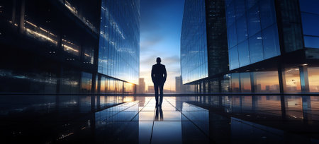 Silhouette of business man walking at sunrise in a passage between modern high-tech all glass walls buildings. Follow your ambitions, find a way out of problems. Futuristic business carreer concept.の素材
