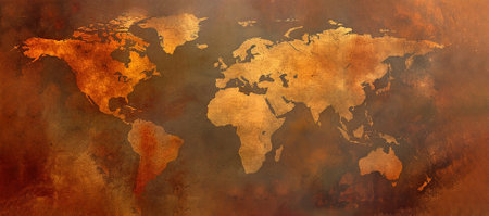 Dark patterned world map with bronze colored worn aged grungy surface design. Continents in vintage style. Brown, orange and red colors.の素材