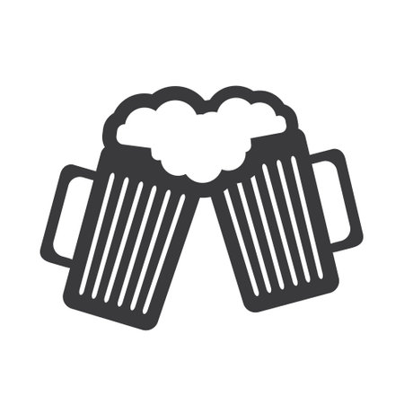 Flat Icon Design - Two Black Beer Mugs Filled with Frothy Drink - Icon Isolated on White Backgroundのイラスト素材