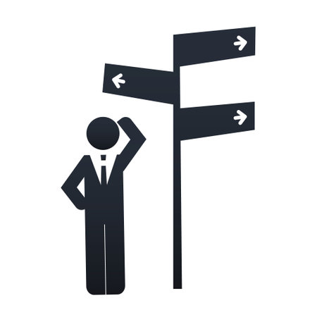 Which Way to Choose? - Business Decision Design Concept - Businessman Figure Scratching His Head While Standing Beside a Road Sign - Isolated Black and White EPS10 Vector Illustrationのイラスト素材