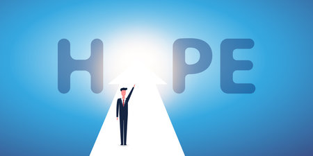 Hope - Standing Businessman on an Arrow and Pointing to the Sun Light - Vector Design Conceptのイラスト素材