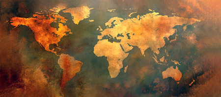 Dark patterned retro style world map with bronze and yellow colored worn aged grungy surface design. Continents in vintage style. Brown, orange and blue colors.の素材