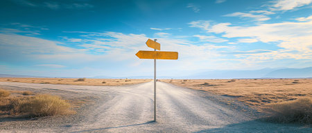 Business decision design concept with a big road sign, signpost in the middle of the road in an empty rural area, plain under the blue sky. Arrows pointing into directions in the fork of the road.の素材