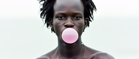 Headshot of an attractive, funny male student. A young Afro-American man looking into the camera and blowing a pink bubble with chewing gum. Art photograph.の素材