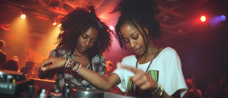 Happy Afro-American DJ girl and her girlfriend giving a performance on an audio mixer equipment in a nightclub. Party girls.の素材