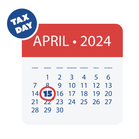 Tax Day Reminder Vector Template Isolated on White Background - Design Element with Marked Payday - USA Tax Deadline Concept, Due Date for IRS Federal Income Tax Returns: 15th April 2024のイラスト素材