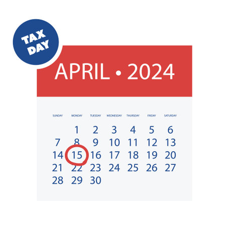 Tax Day Reminder Vector Template Isolated on White Background - Design Element with Marked Payday - USA Tax Deadline Concept, Due Date for IRS Federal Income Tax Returns: 15th April 2024のイラスト素材