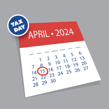 Tax Day Reminder Vector Template, Design Element with Marked Payday - USA Tax Deadline Concept, Due Date for IRS Federal Income Tax Returns: 15th April 2024のイラスト素材