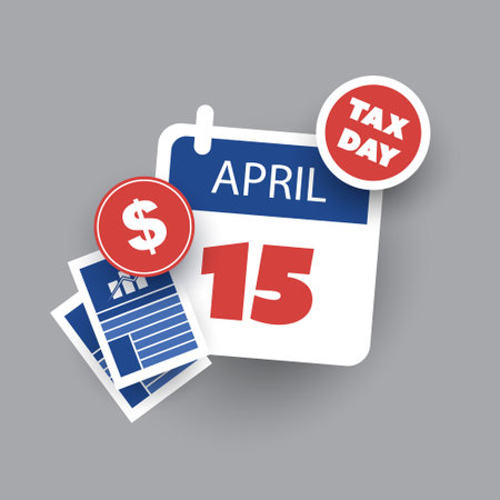 Tax Day Reminder Concept - Calendar Page, Vector Element Template with Dollar Sign and Charts Design - USA Tax Deadline, Due Date for IRS Federal Income Tax Returns:15th April, Year 2024のイラスト素材