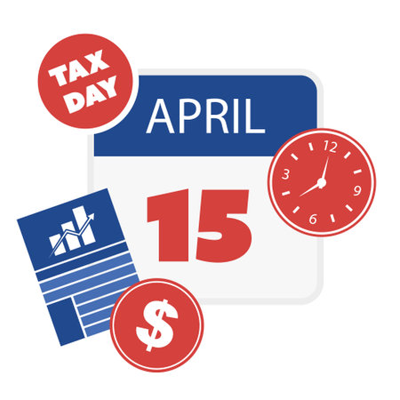 Tax Day Reminder Concept, Calendar Page with Clock - Vector Design  Element Template Isolated on White Background - USA Tax Deadline, Due Date for IRS Federal Income Tax Returns:15th April, Year 2024のイラスト素材
