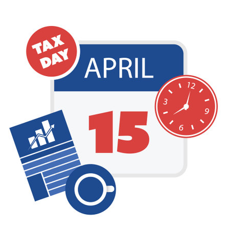Tax Day Reminder Concept, Calendar Page with Clock - Vector Design  Element Template Isolated on White Background - USA Tax Deadline, Due Date for IRS Federal Income Tax Returns:15th April, Year 2024のイラスト素材