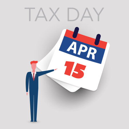 Tax Day Reminder Concept  Design - Attention, Businessman Pointing to a Paper Calendar Page - USA Tax Payment Deadline, Due Date for IRS Federal Income Tax Returns: 15th April, Year 2024のイラスト素材