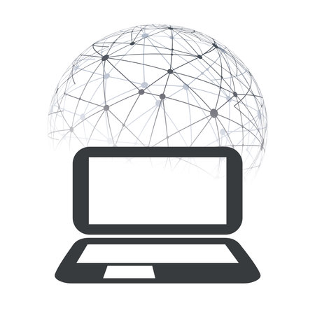 Abstract Cloud Computing and Global Network Connections Concept Design with Globe, Laptop Computer, Wireless Mobile Device, Transparent Geometric Mesh on White Background, Isolated Vector Illustrationのイラスト素材