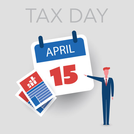Tax Day Reminder Concept  Design - Attention, Businessman Pointing to a Paper Calendar Page - USA Tax Payment Deadline, Due Date for IRS Federal Income Tax Returns: 15th April, Year 2024のイラスト素材