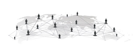 Black and White Networks, Business or Social Media Connections Concept Design with World Map and Polygonal Mesh on Isolated White Background - Grey Business Men Figures Connected with Polygonal Meshのイラスト素材