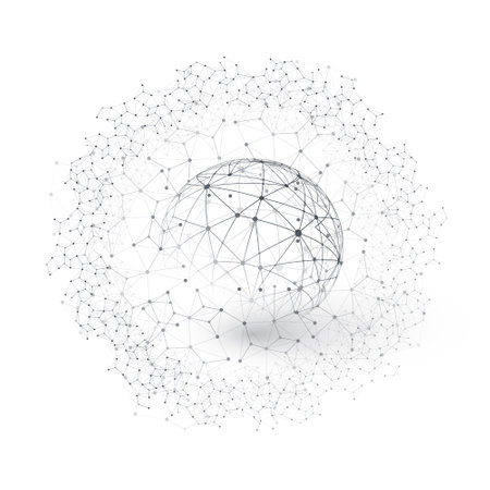 Black and White Modern Minimal Style Polygonal Networks Structure, Digital Telecommunications Concept Design, Network Connections,Transparent Geometric Wireframe -Creative Isolated Vector Illustrationのイラスト素材
