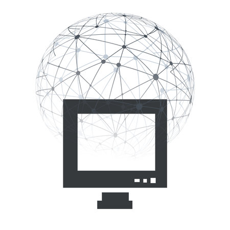Abstract Cloud Computing and Global Network Connections Concept Design with Wireframe Globe, Computer Monitor, Transparent Geometric Mesh on White Background - Isolated Illustration, Vector Formatのイラスト素材