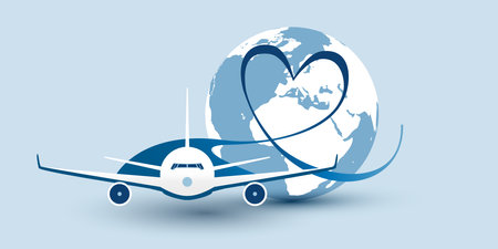 I Love Traveling All Around the World Concept, Vector Illustration - Earth Globe Design with Flying Airplane Leaves Blue Vapor Trail, a Heart Shaped Traceのイラスト素材