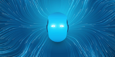 Blue Machine Learning, Artificial Intelligence, Cloud Computing and Neural Networks Design Concept with Robot Head with Glowing Eyes, Geometric Network Mesh, Wavy Lines of Connectionsのイラスト素材
