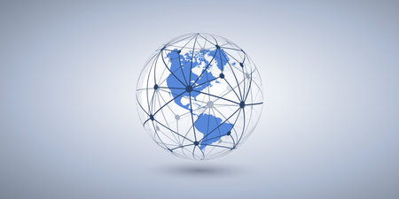 Cloud Computing and Networks Concept - Transparent Polygonal Mesh Around Earth Globe, North and South America Side - Global Digital Connections, Technology Background, Creative Vector Illustrationのイラスト素材