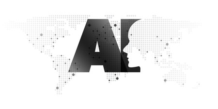 Black and White Transparent Machine Learning, Artificial Intelligence, Cloud Computing and Networks Design Concept with Dotted World Map, Robot Face, AI Banner - Vector Isolated on White  Backgroundのイラスト素材
