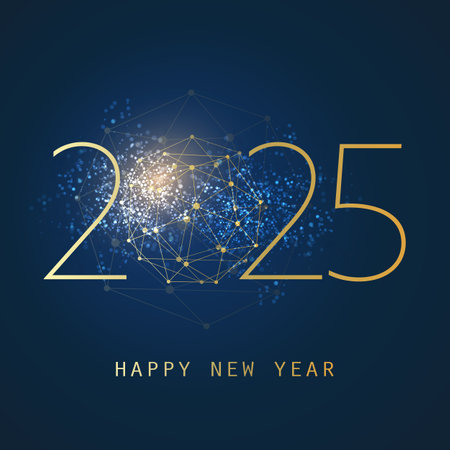 Golden and Dark Blue Modern Style Happy New Year Greeting Card, Creative Vector Design Template with Polygonal Globe on Glittering Background - 2025のイラスト素材
