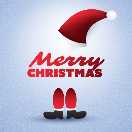 Merry Christmas Card With Back of a Funny Santa Claus from Behind, Santa's Boots, Red Hat on a Grey Backgroundのイラスト素材