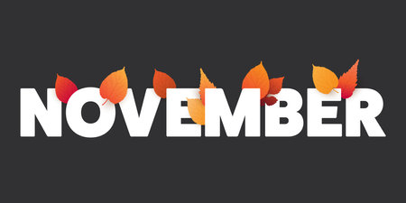 Month of November Bold Text, Typography or Banner Design with Colorful Leaves. Colors: White, Red, Orange, Brownのイラスト素材