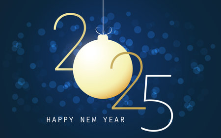 Merry Christmas and Happy New Year Greeting Card with a Gold Colored Christmas Ball, Blue Bubbles, Bokeh Effect - Creative Design Template for Best Wishes Cards, Year 2025のイラスト素材