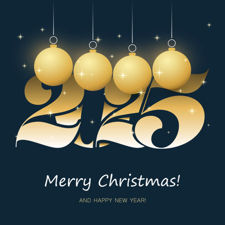 Golden Merry Christmas and Happy New Year Greeting Card with Christmas Balls, Creative Design Template for Best Wishes Cards, Year 2025のイラスト素材
