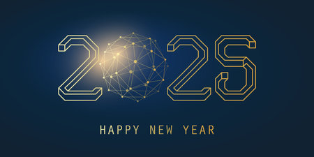 3D Lineart Golden and Dark Blue Modern Style Happy New Year Greeting Card, Creative Vector Design Template with Polygonal Globe - Multipurpose Vector Banner, Typography Template for Web, Year 2025のイラスト素材