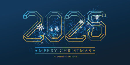 Best Wishes - Modern Style Golden and Dark Blue Merry Christmas and Happy New Year Greeting Card or Background with Snowflakes, Creative 3D Line Art, Vector Design Template - 2025のイラスト素材