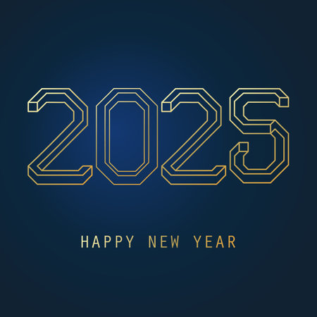 3D Lineart Style Golden and Dark Blue Modern Happy New Year Greeting Card, Creative Vector Design Template with Big Numerals - Multipurpose Vector Banner Template for Web, Year 2025のイラスト素材