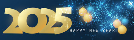 Abstract Golden and Blue Glossy Horizontal Christmas, New Year Header or Banner, Blurry Vector Design with Christmas Balls for Year 2025のイラスト素材