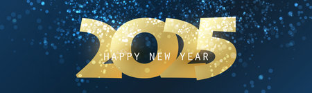 Dark Golden, Blue and White Glossy Horizontal Christmas, New Year Header or Banner, Sparkling Vector Design with Glossy Blue and White Dots for Year 2025のイラスト素材