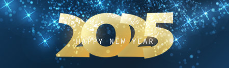 Abstract Golden, Dark Blue and White Glossy Horizontal Christmas, New Year Header or Banner, Sparkling Vector Design with Blue and White Glittering Spots and Stars Pattern for Year 2025のイラスト素材