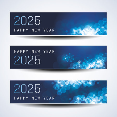 Set of Sparkling Shimmering Ice Cold Blue Horizontal Christmas, Happy New Year Headers or Banners for Web, Vector Design Template - 2025のイラスト素材