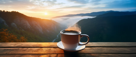 A cup of hot morning coffee with steam on a wooden table against a background of sunrise scene in the mountains. Wide scale panoramic imageの素材