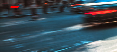 Blue, gray and red blurred street scene with a blurred motion of a vehicle.の素材