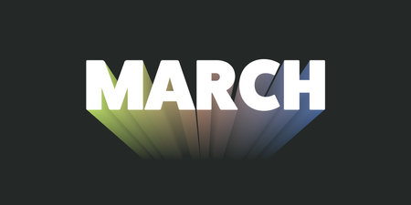Dark Colorful Bold Big 3D March Text, Month Name Typography, Banner Design with Gradient Effect. Colors: White, Brown, Purple, Greenのイラスト素材