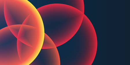 Dark Background, Header or Banner Design with Large Red and Orange Overlaying Globes, Bubbles Pattern - Multi Purpose Creative Wide Scale Template for Web with Copyspace in Editable Vector Formatのイラスト素材