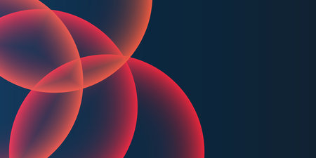 Dark Background, Header or Banner Design with Large Red and Orange Overlaying Globes, Bubbles Pattern - Multi Purpose Creative Wide Scale Template for Web with Copyspace in Editable Vector Formatのイラスト素材