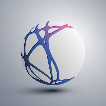 Colorful Networks Symbol Clip-Art Template - Abstract Grey Globe Design with Flowing, Crossing Pink and Curving Blue and Purple Gradient Lines Patternのイラスト素材