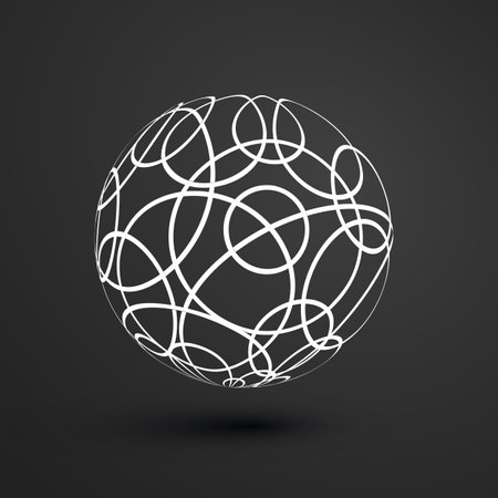 Abstract patterned sphere of tangled curvy, circular white lines on a black background. The intricate pattern creates depth and complexity, resembling a celestial web or a delicate network of light.のイラスト素材