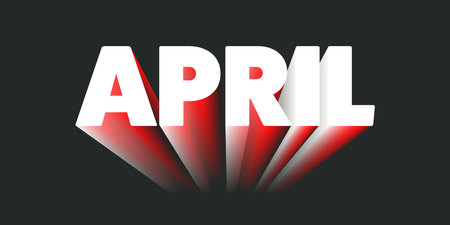 Dark Colorful Bold Big 3D April Text, Month Name Typography, Banner Design with Gradient Effect. Colors: White, Red, Purpleのイラスト素材