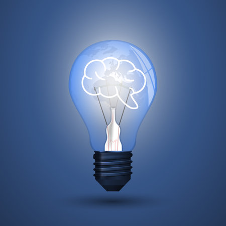 Vector illustration of a glowing light bulb with earth map, globe and a stylized human brain inside. Global ideas, creativity, innovation, perfect for business, technology and sustainability themes.のイラスト素材